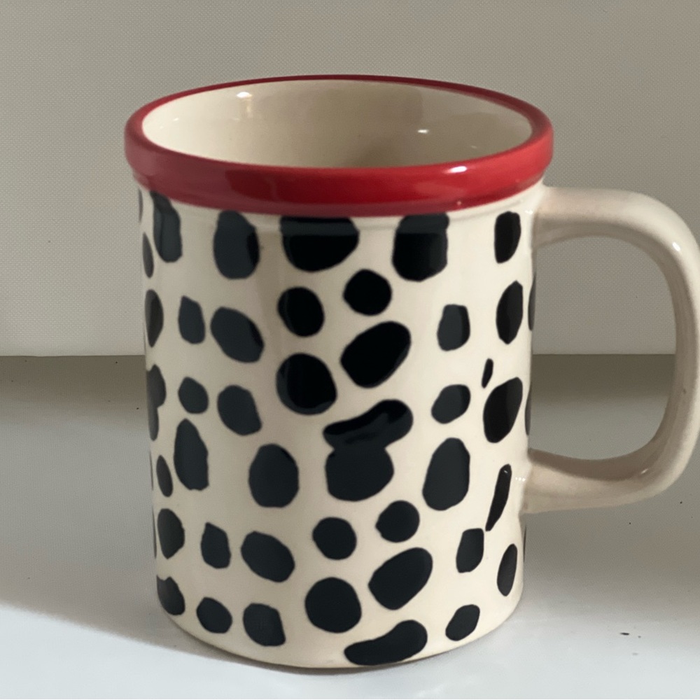 Dalmatian mug - 1990s ceramic mug with a Dalmatian print and red trim W/B  color